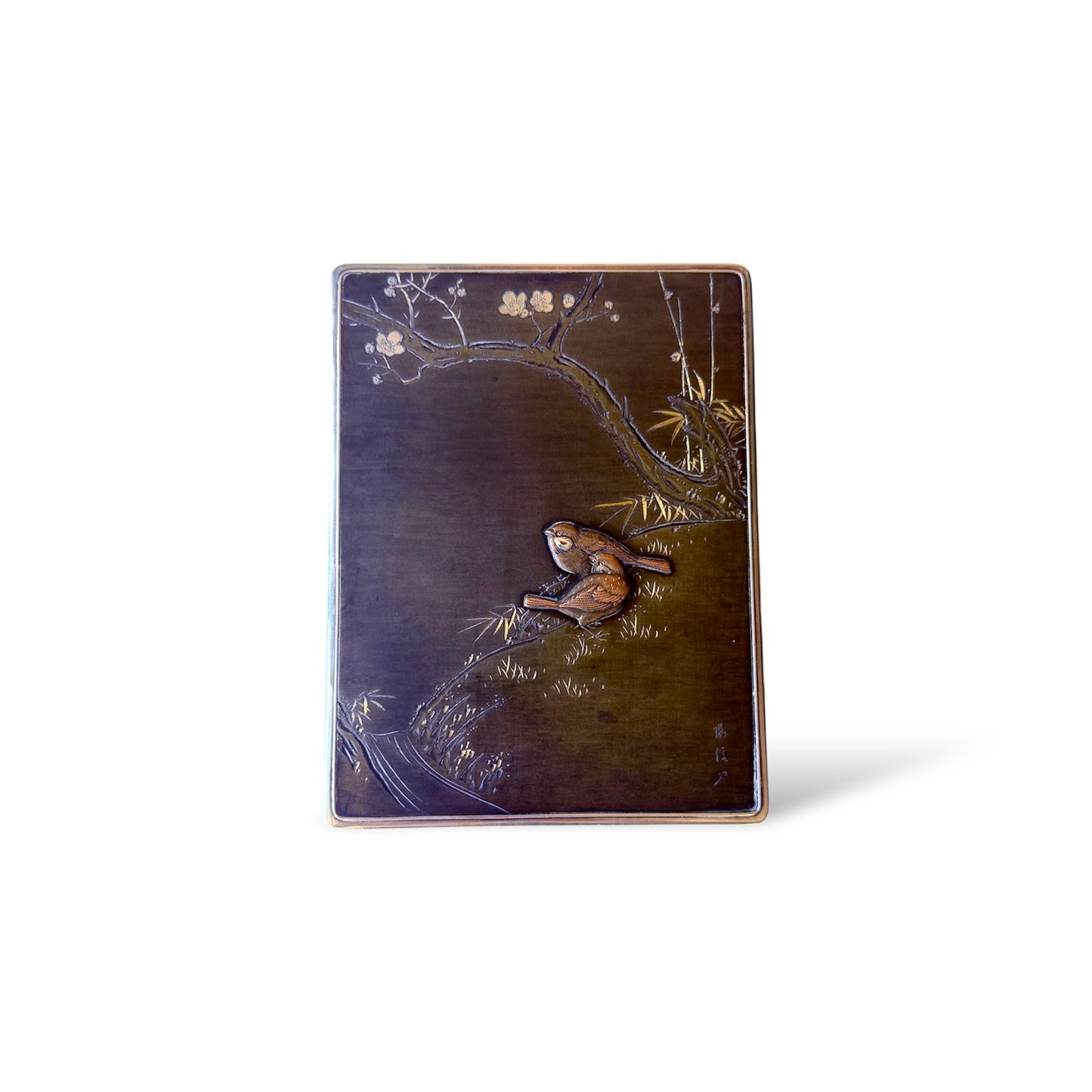 A Japanese Silver Box and Cover with Shibuichi and Shakudō Panel ,Signed Hirotoshi-Taishō Period