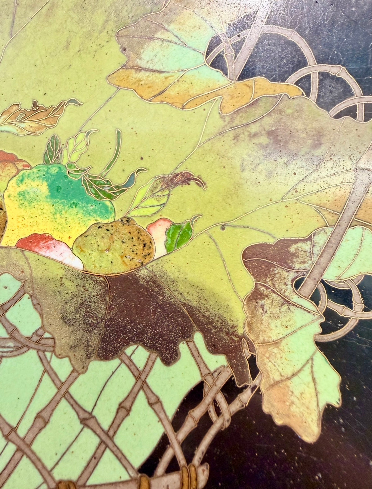 A FINE JAPANESE GOLD-WIRE CLOISONNÉ ENAMEL CHARGER WITH FRUIT, FLOWERS AND A MANTIS, MEIJI PERIOD