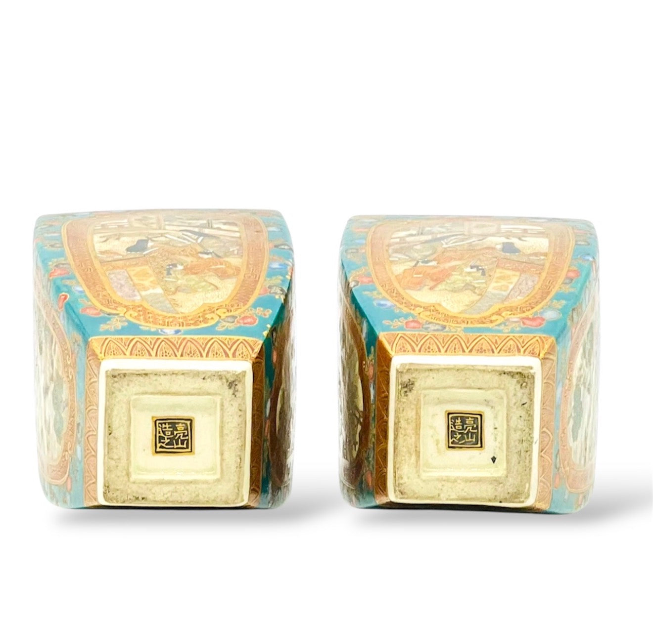 An Important Pair of Kyoto Satsuma Square-Section Vases by Ryōzan, Meiji Period