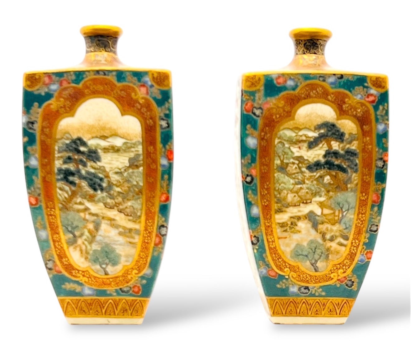 An Important Pair of Kyoto Satsuma Square-Section Vases by Ryōzan, Meiji Period