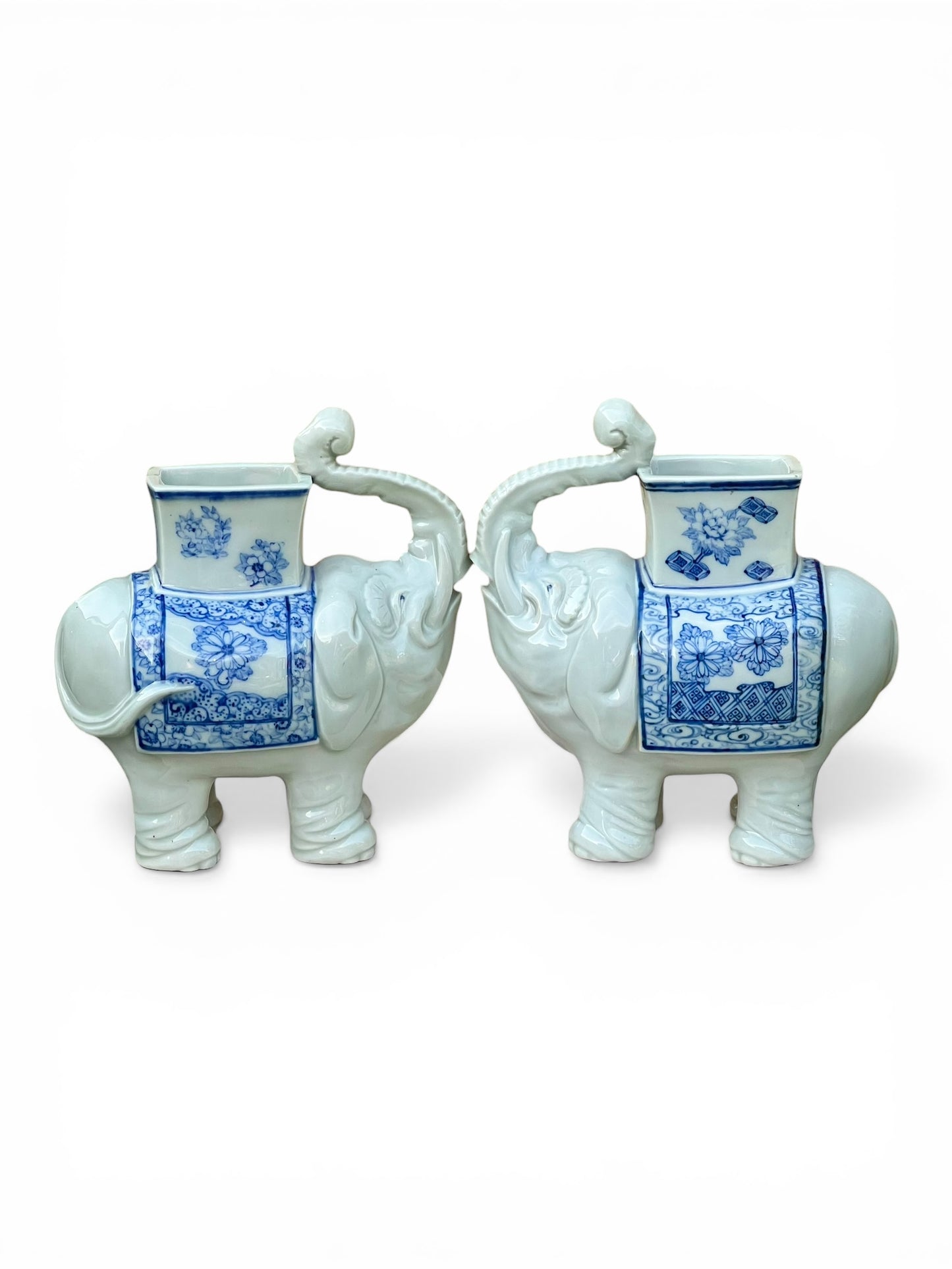 A Pair of Japanese Meiji Period Hirado Blue and White Porcelain Elephant Brush Pots / Vases