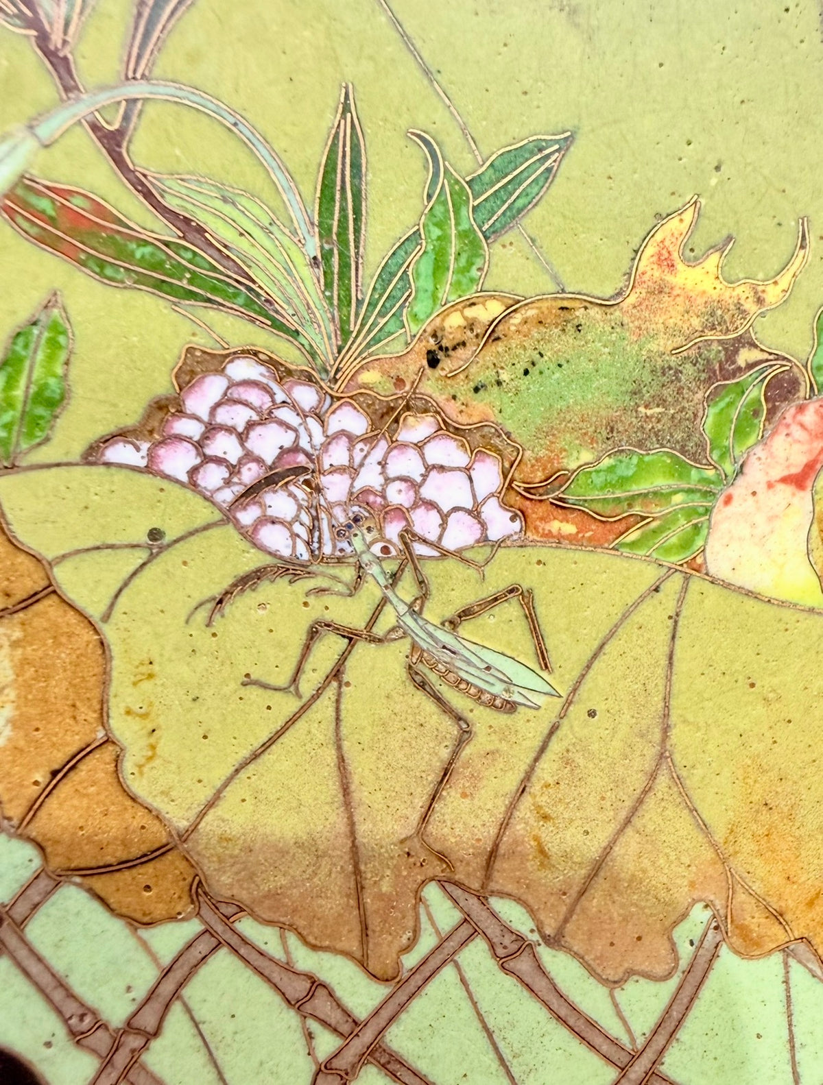 A FINE JAPANESE GOLD-WIRE CLOISONNÉ ENAMEL CHARGER WITH FRUIT, FLOWERS AND A MANTIS, MEIJI PERIOD