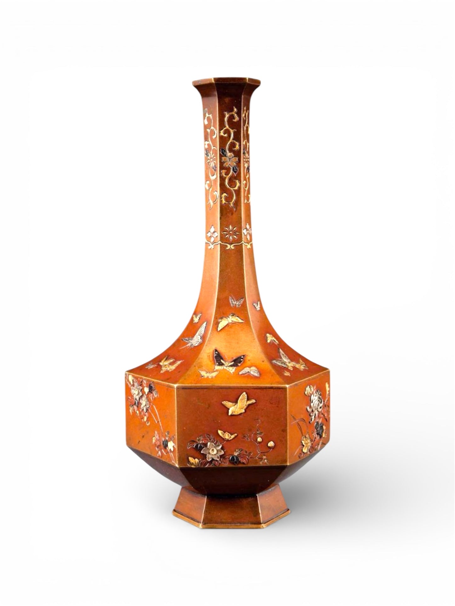 A JAPANESE BRONZE AND MIXED METAL BOTTLE VASE.Meiji period.