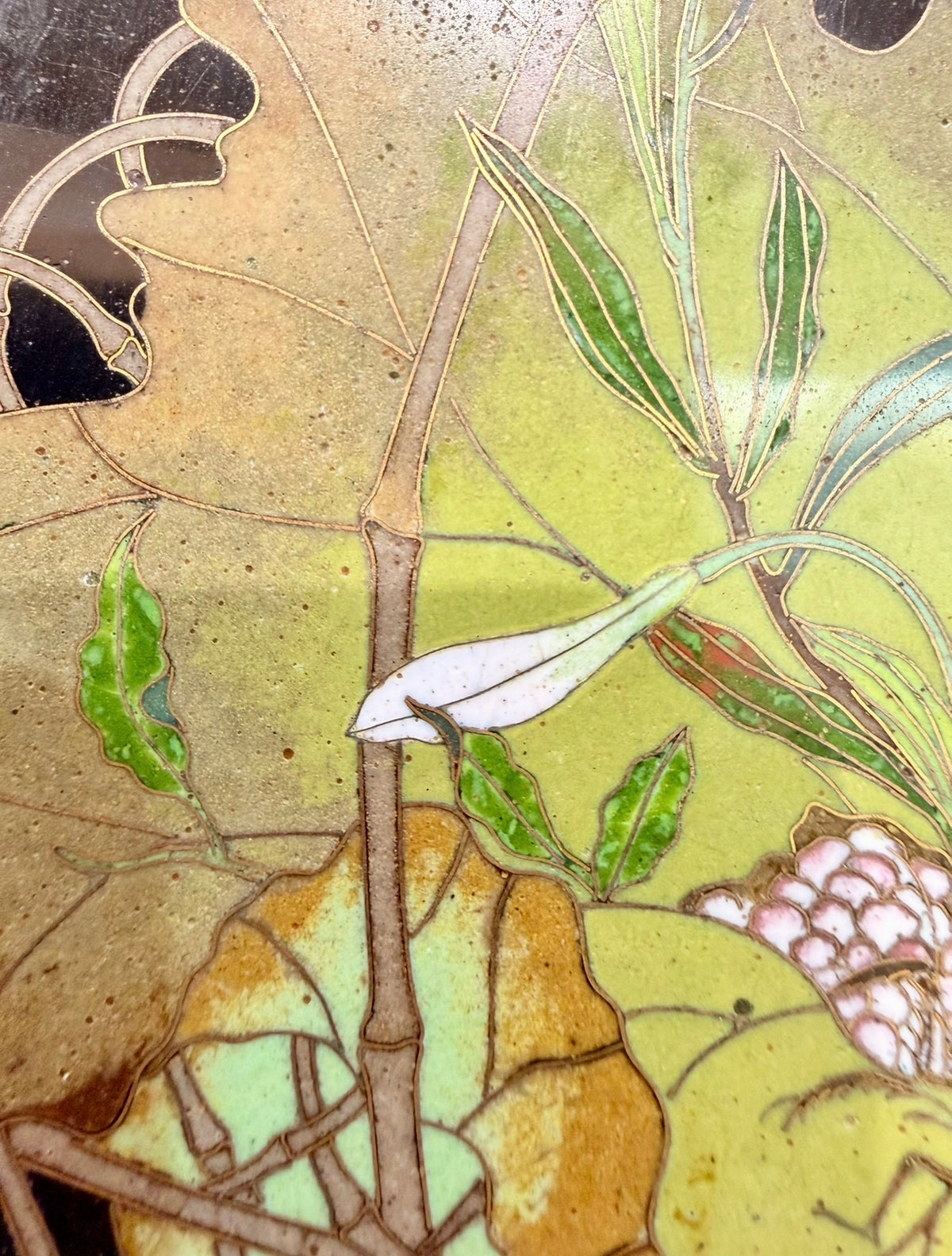 A FINE JAPANESE GOLD-WIRE CLOISONNÉ ENAMEL CHARGER WITH FRUIT, FLOWERS AND A MANTIS, MEIJI PERIOD