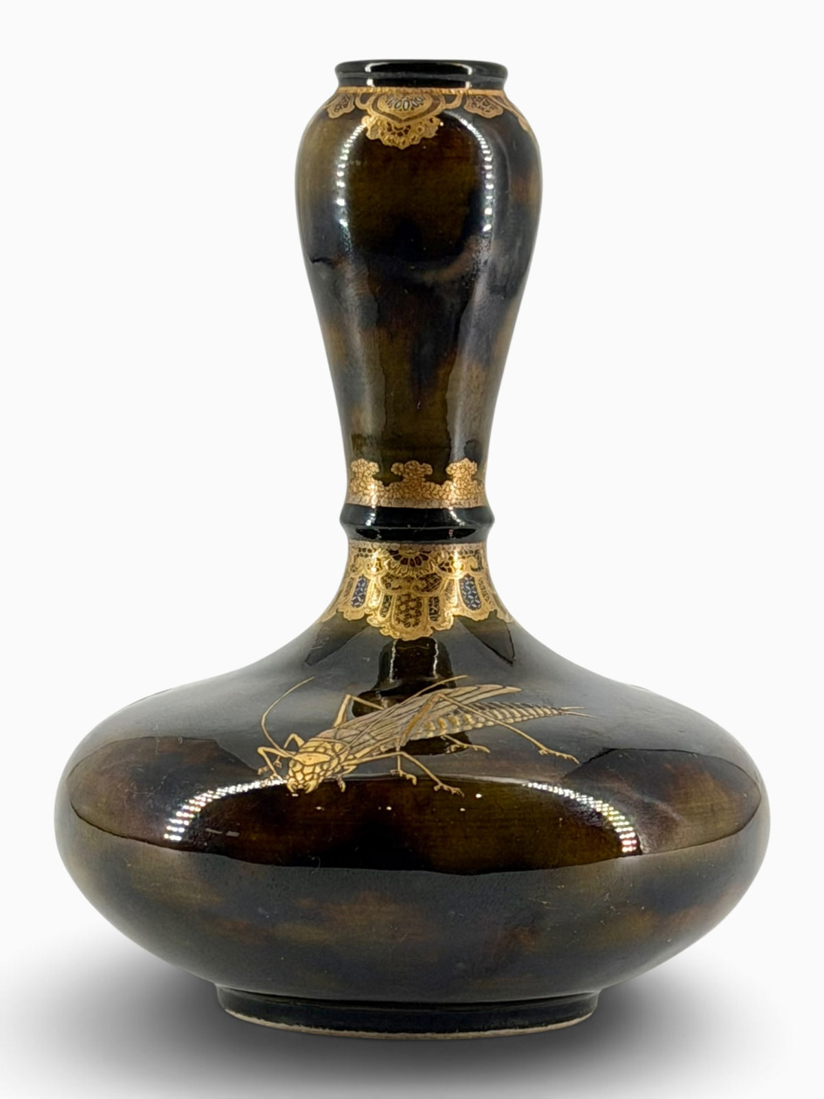 An Exceptional Kinkozan Satsuma Double-Gourd Vase with Insects on a Tortoiseshell Ground.Meiji Era