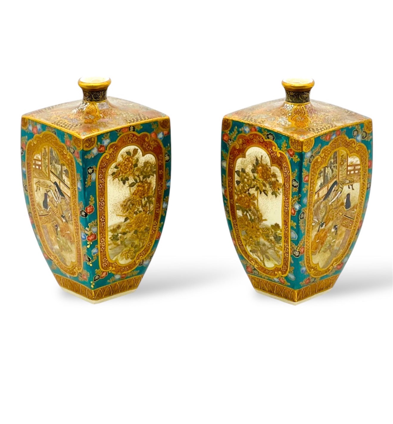 An Important Pair of Kyoto Satsuma Square-Section Vases by Ryōzan, Meiji Period