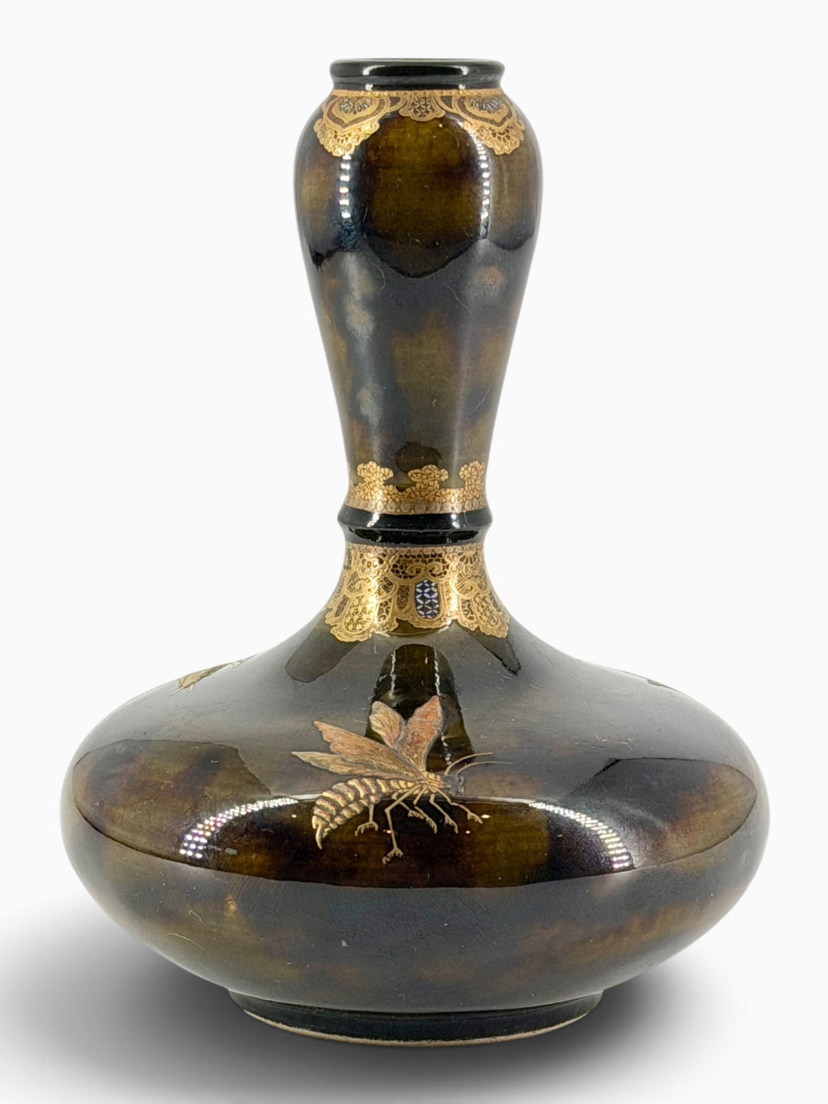 An Exceptional Kinkozan Satsuma Double-Gourd Vase with Insects on a Tortoiseshell Ground.Meiji Era