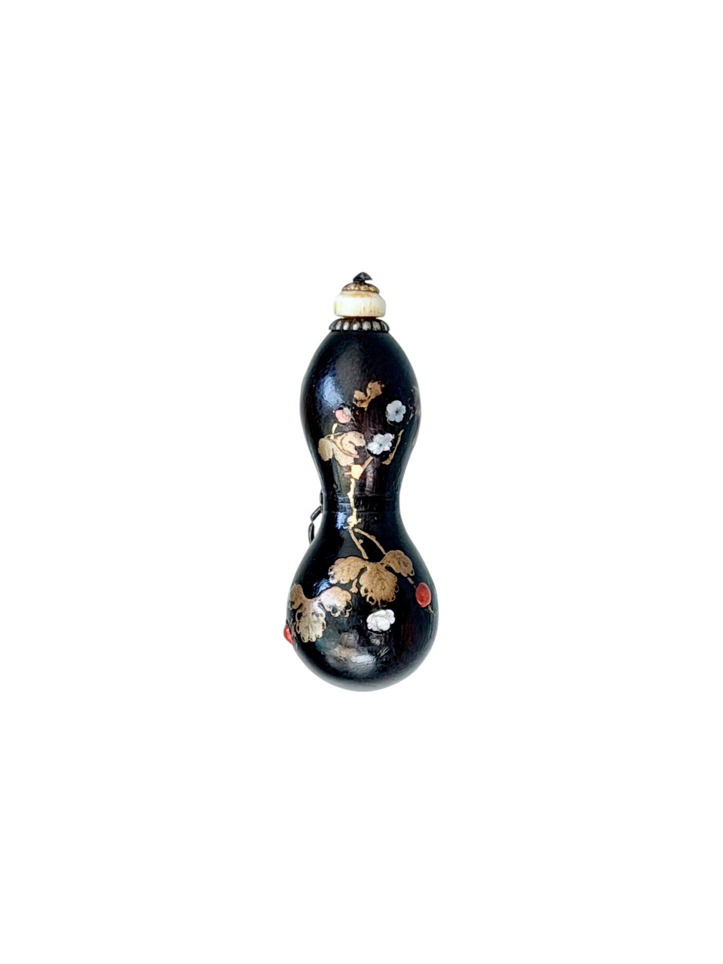 A Fine Lacquer Double-Gourd Netsuke Perfume Container with Maki-e, Mother-of-Pearl and Coral, Edo–Meiji Period