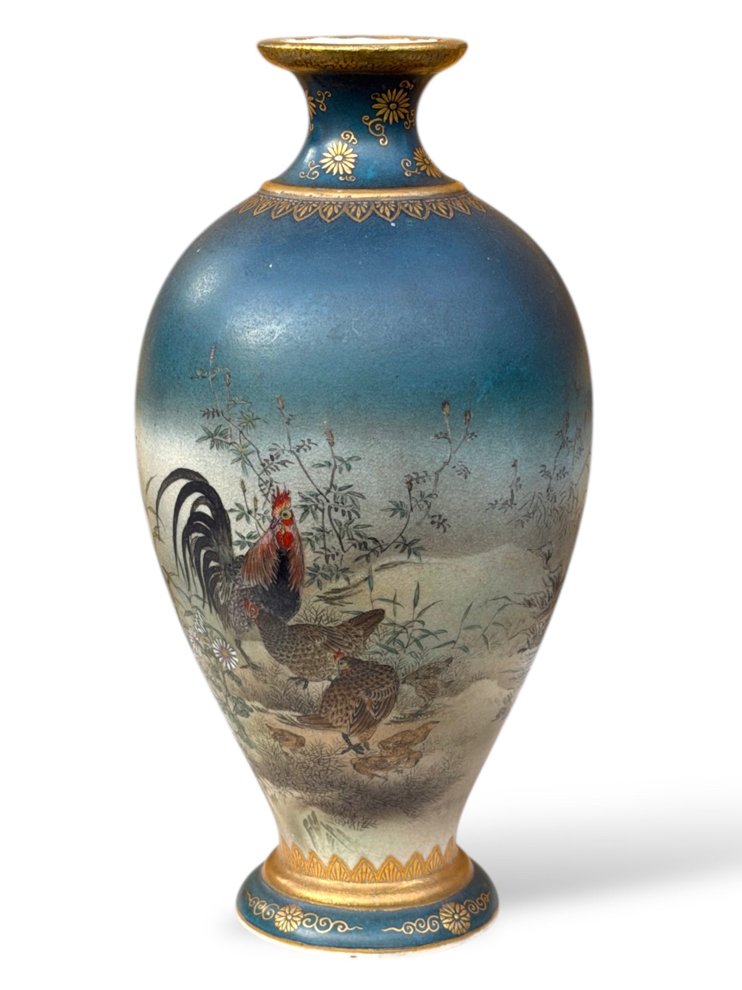 Fine Japanese Satsuma Vase with Roosters and Autumn Maple by Gyokusen, Meiji Period