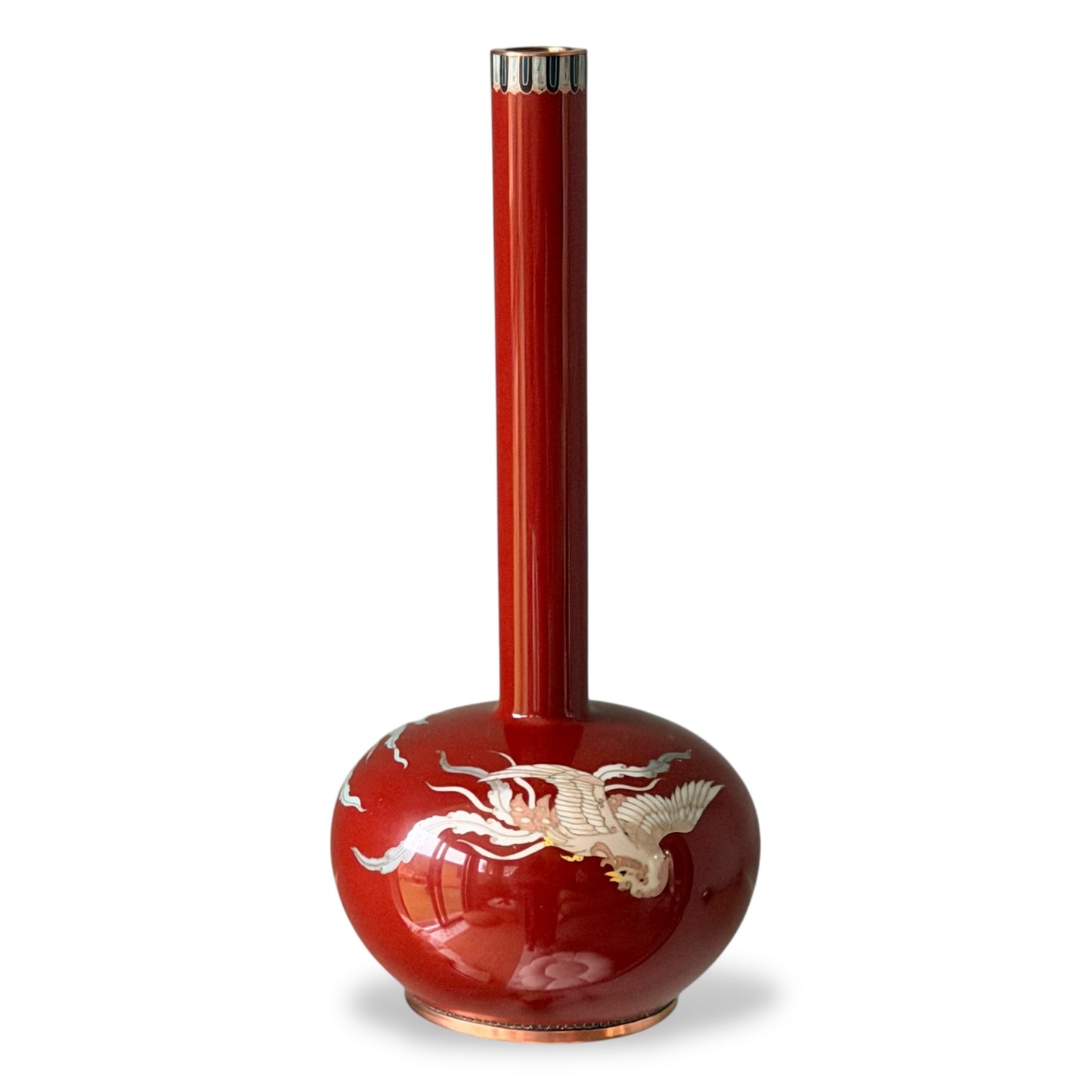 A Fine Japanese Cloisonné Enamel Bottle Vase with Three Phoenix (Hō-ō)-Meiji Period