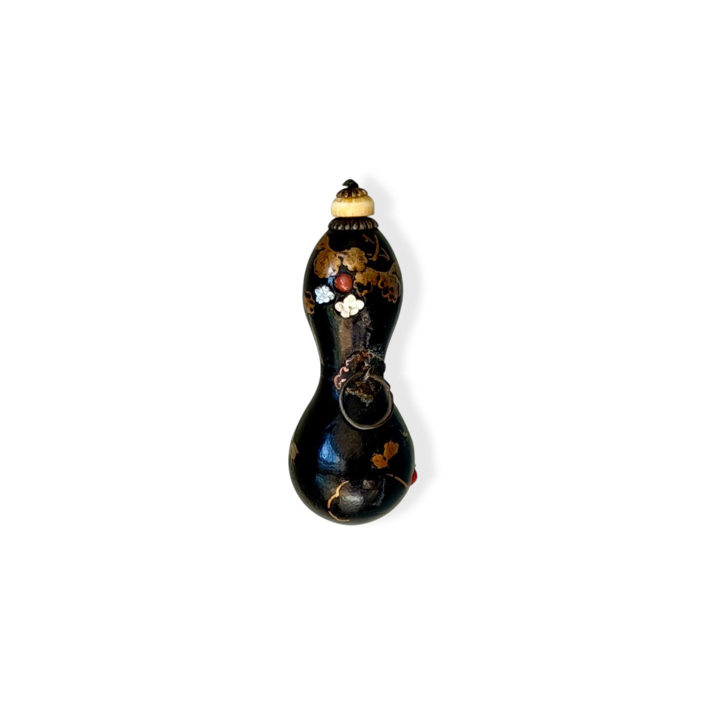 A Fine Lacquer Double-Gourd Netsuke Perfume Container with Maki-e, Mother-of-Pearl and Coral, Edo–Meiji Period