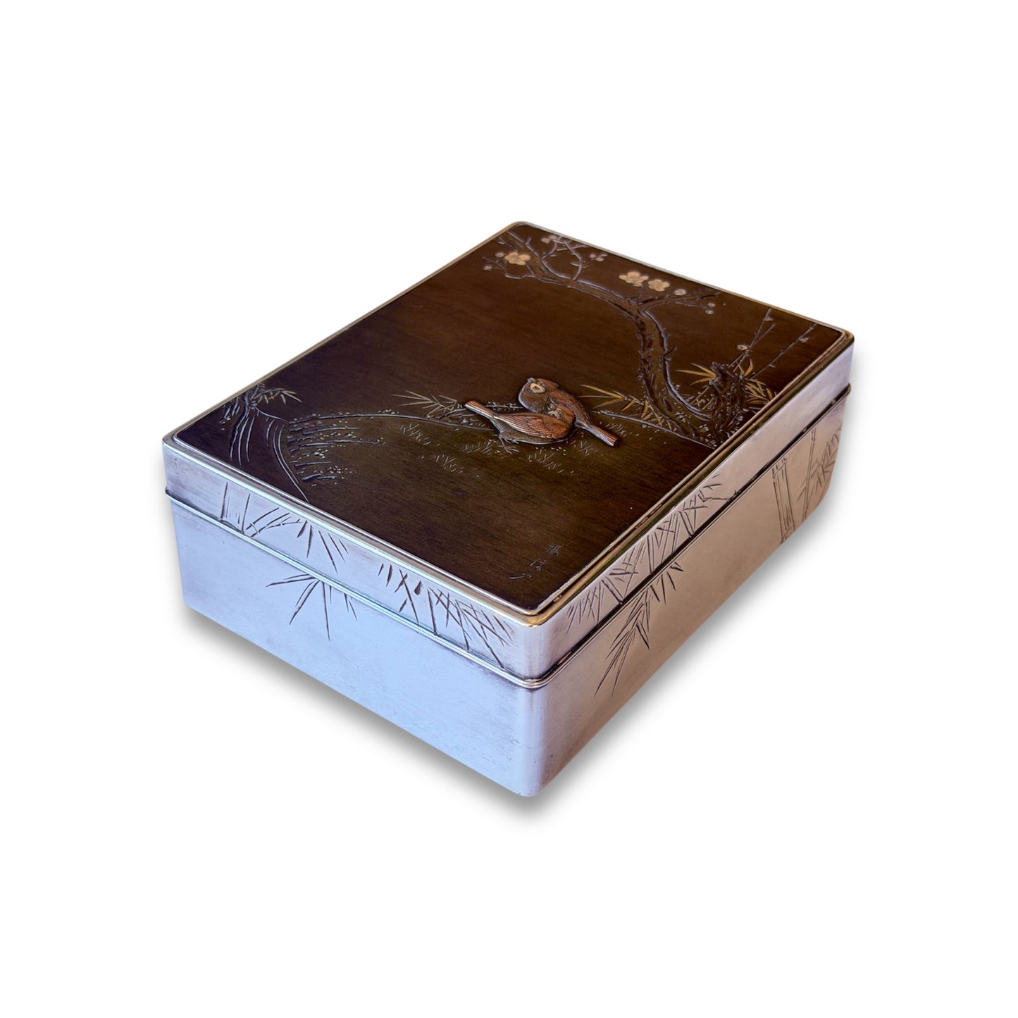 A Japanese Silver Box and Cover with Shibuichi and Shakudō Panel ,Signed Hirotoshi-Taishō Period