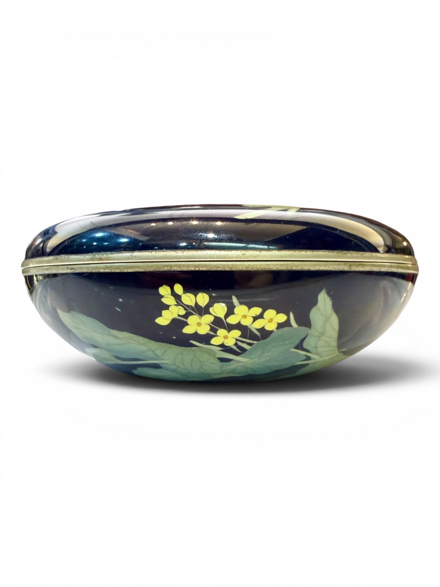 Fine Japanese Cloisonné Enamel Circular Box and Cover Decorated with Nanohana.Meiji Period