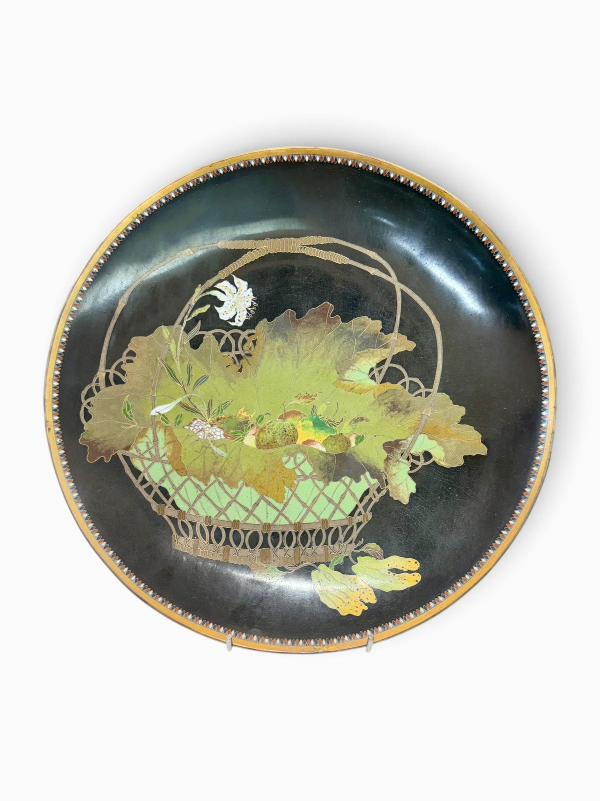 A FINE JAPANESE GOLD-WIRE CLOISONNÉ ENAMEL CHARGER WITH FRUIT, FLOWERS AND A MANTIS, MEIJI PERIOD