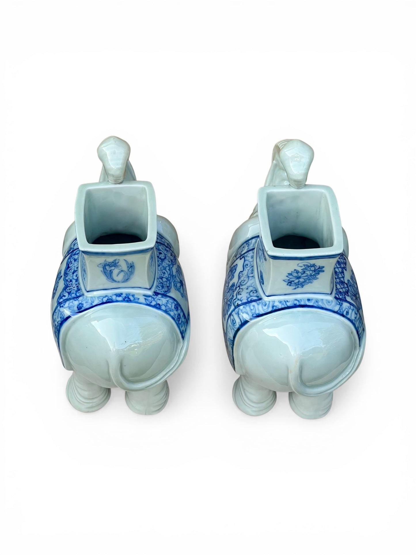 A Pair of Japanese Meiji Period Hirado Blue and White Porcelain Elephant Brush Pots / Vases