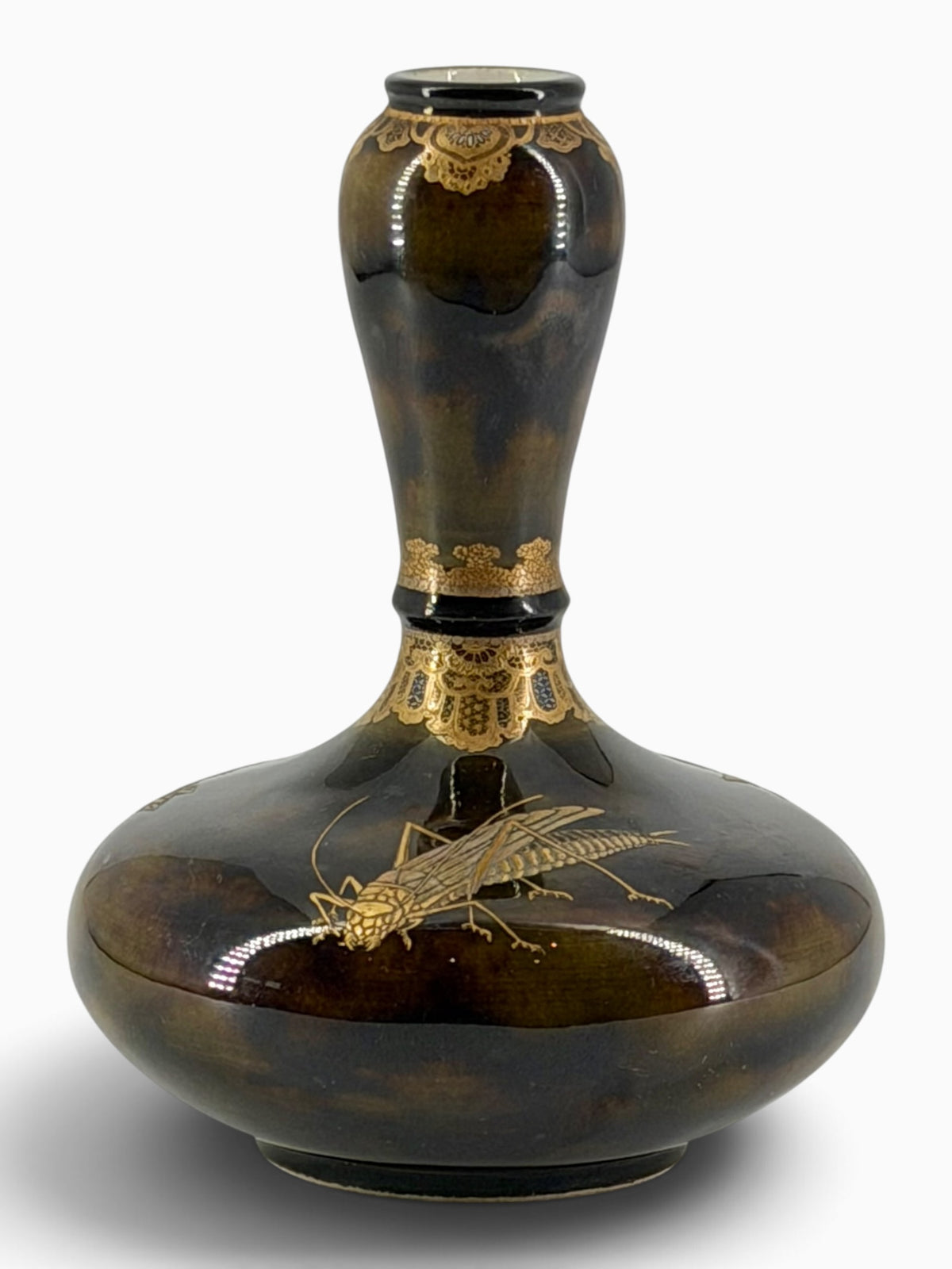 An Exceptional Kinkozan Satsuma Double-Gourd Vase with Insects on a Tortoiseshell Ground.Meiji Era