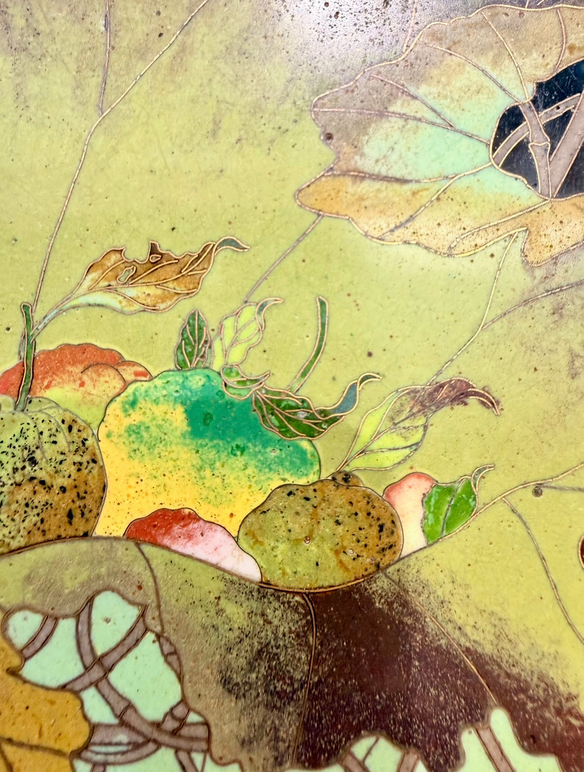 A FINE JAPANESE GOLD-WIRE CLOISONNÉ ENAMEL CHARGER WITH FRUIT, FLOWERS AND A MANTIS, MEIJI PERIOD