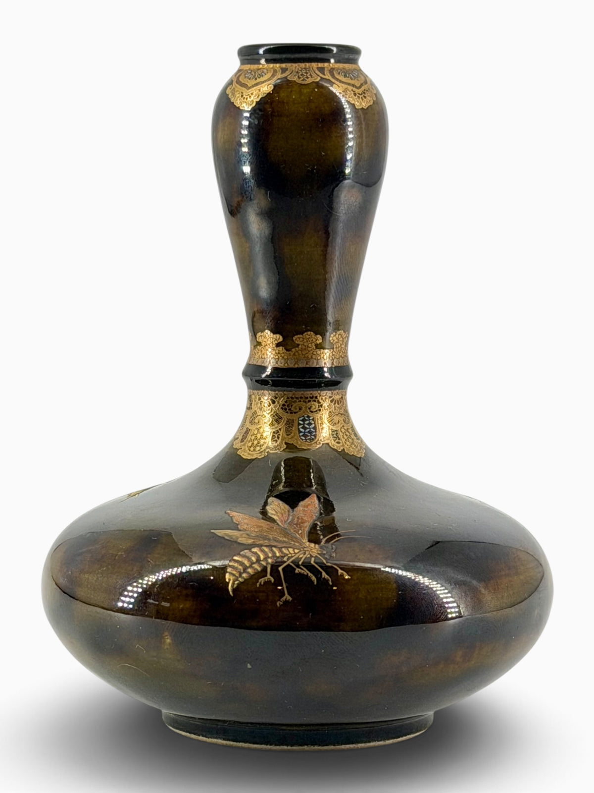 An Exceptional Kinkozan Satsuma Double-Gourd Vase with Insects on a Tortoiseshell Ground.Meiji Era
