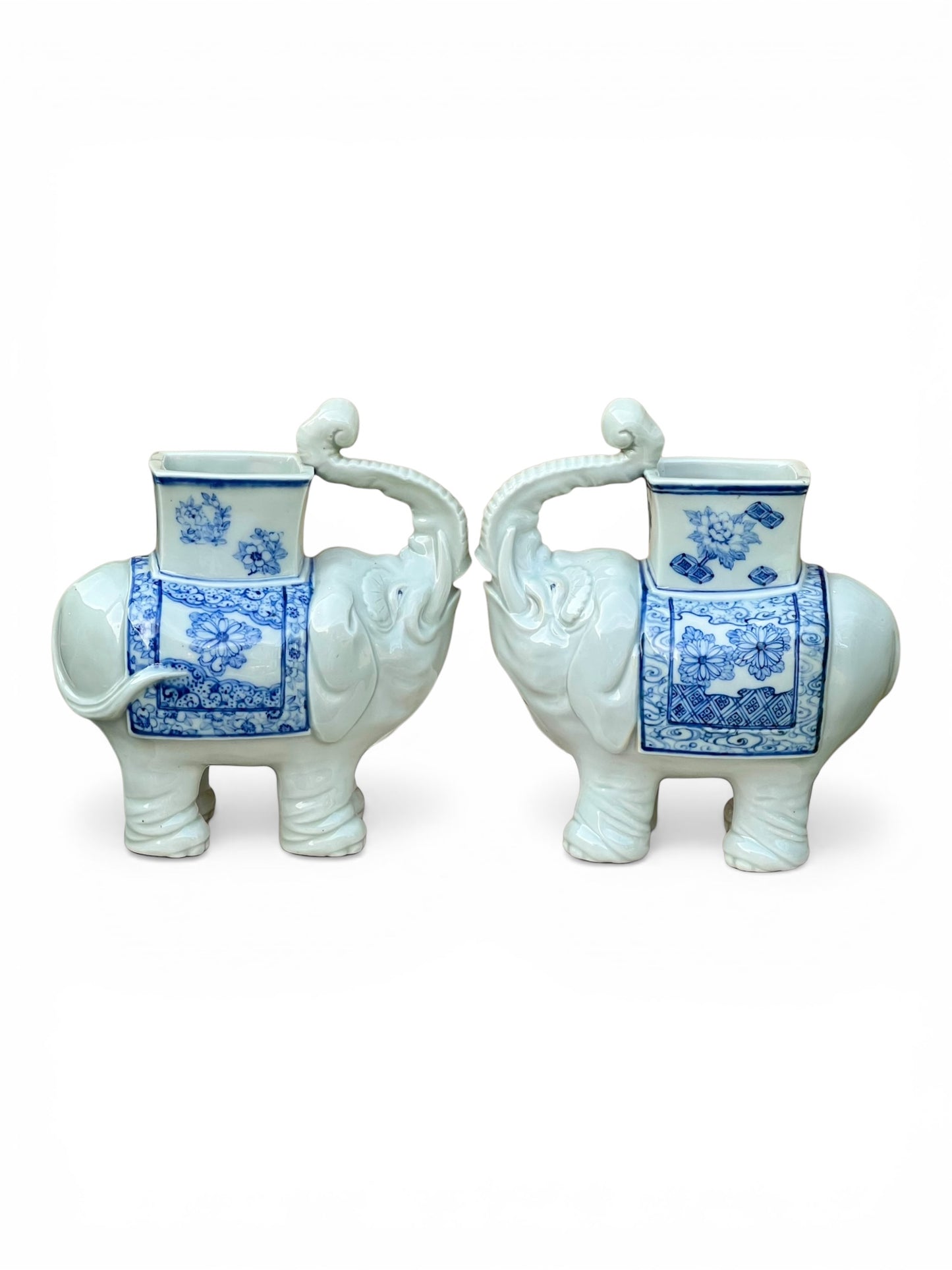A Pair of Japanese Meiji Period Hirado Blue and White Porcelain Elephant Brush Pots / Vases