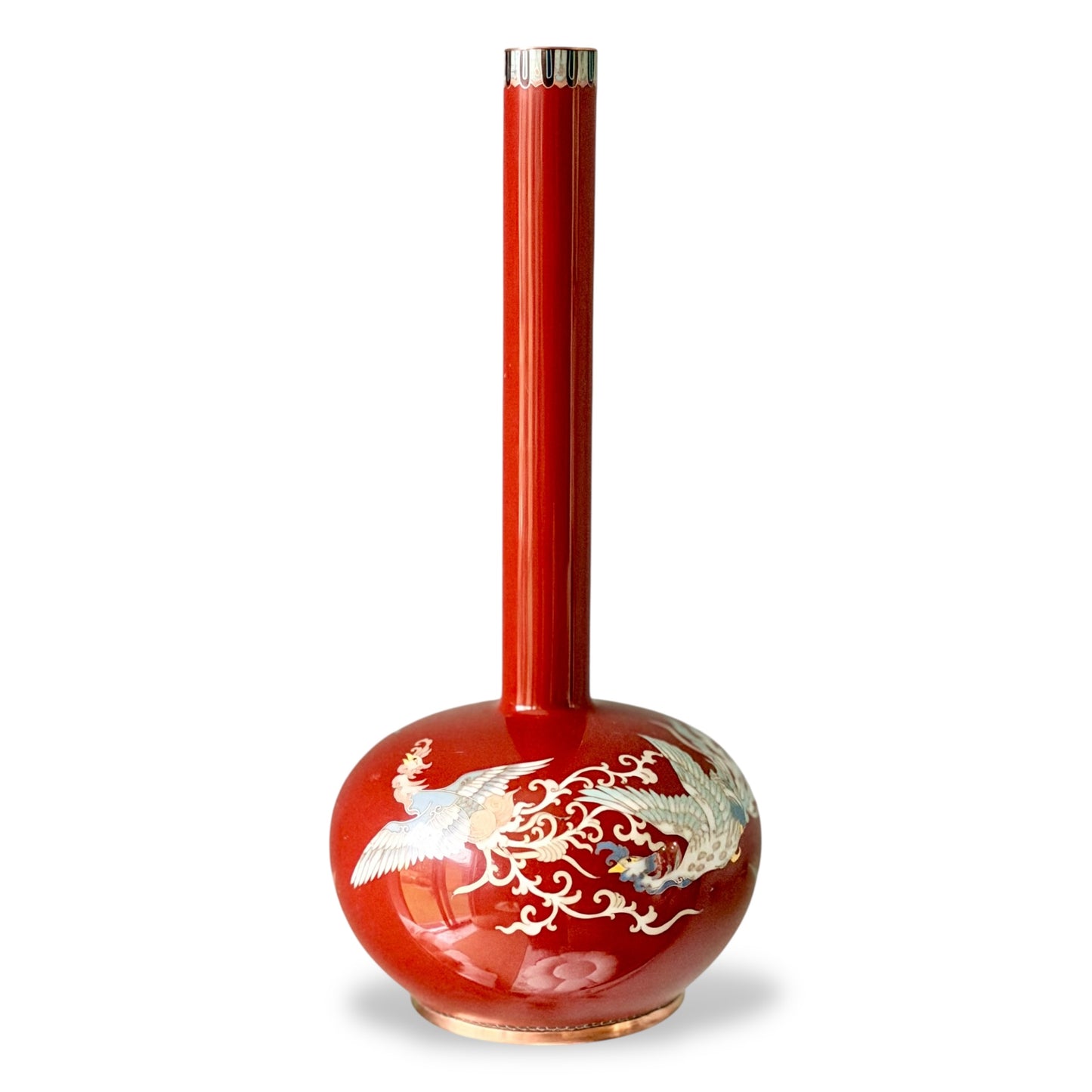 A Fine Japanese Cloisonné Enamel Bottle Vase with Three Phoenix (Hō-ō)-Meiji Period