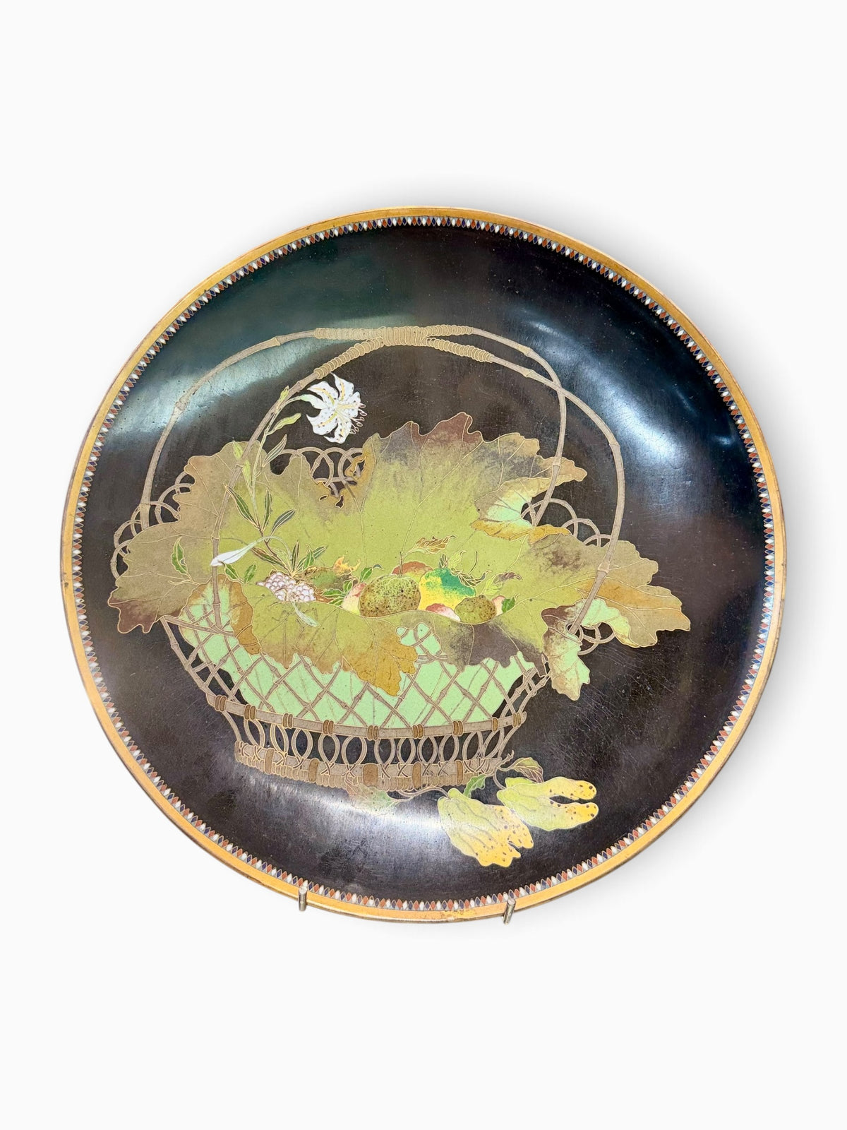 A FINE JAPANESE GOLD-WIRE CLOISONNÉ ENAMEL CHARGER WITH FRUIT, FLOWERS AND A MANTIS, MEIJI PERIOD