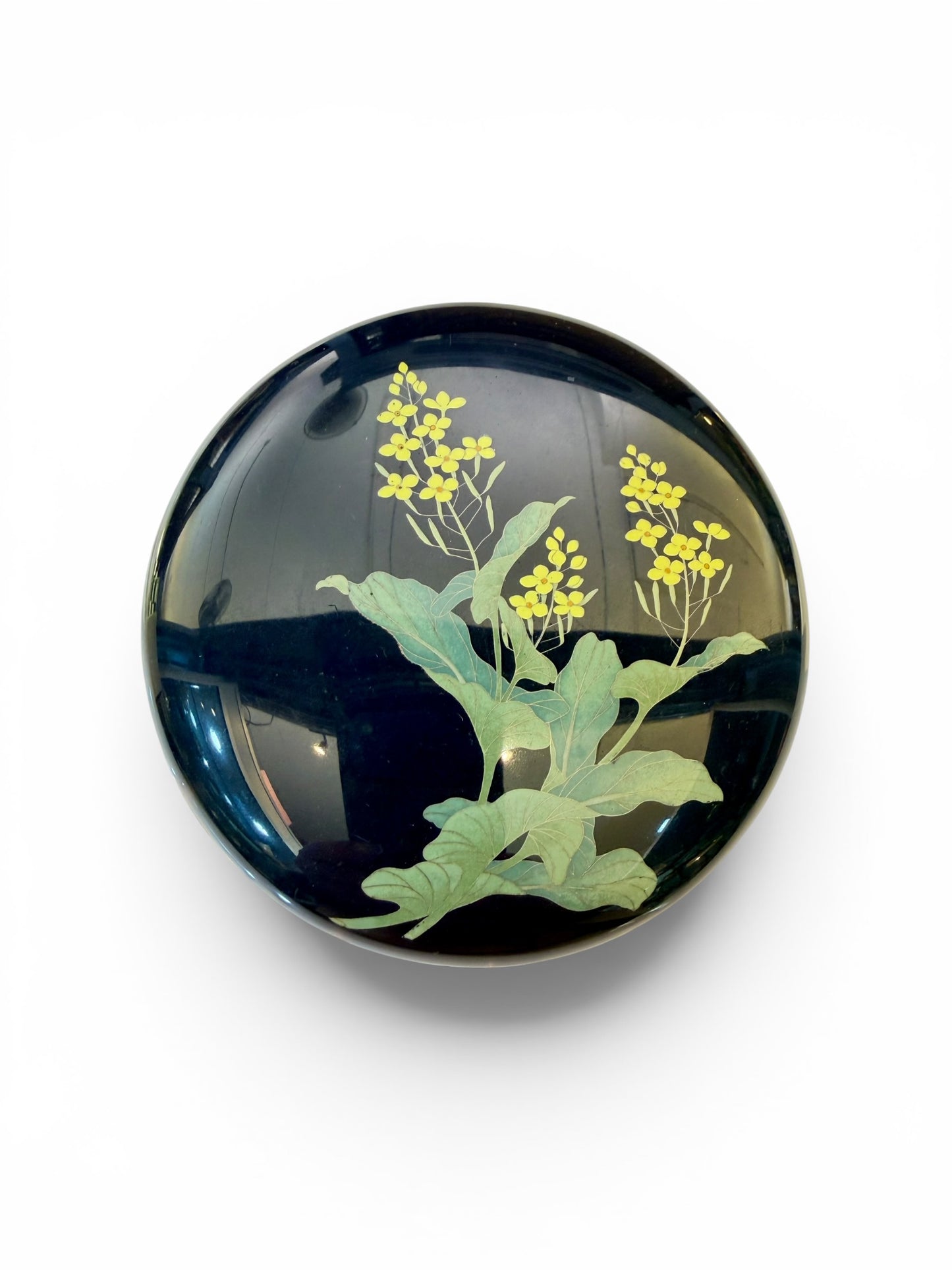 Fine Japanese Cloisonné Enamel Circular Box and Cover Decorated with Nanohana.Meiji Period