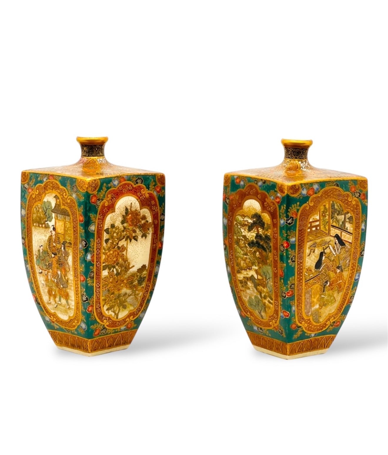 An Important Pair of Kyoto Satsuma Square-Section Vases by Ryōzan, Meiji Period