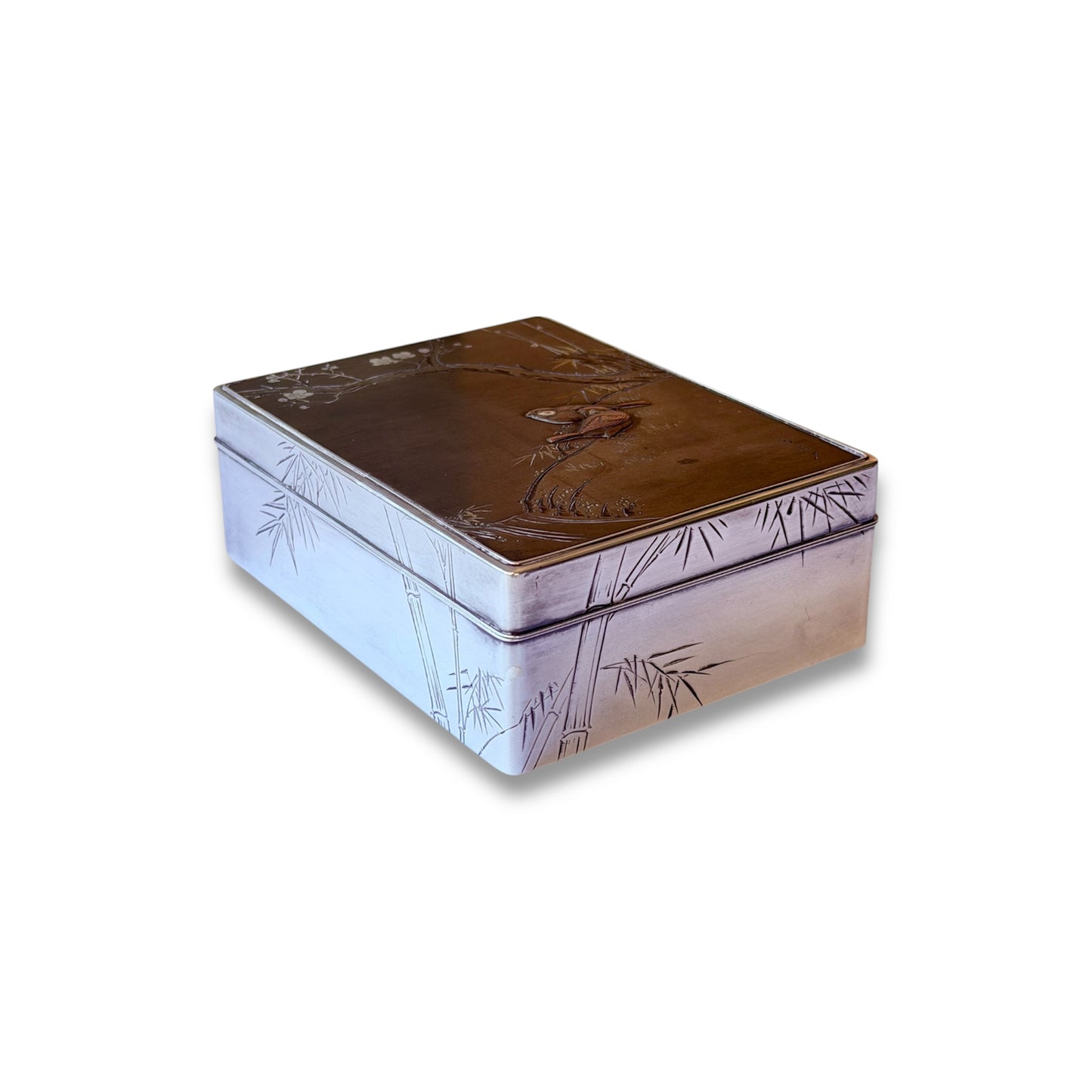 A Japanese Silver Box and Cover with Shibuichi and Shakudō Panel ,Signed Hirotoshi-Taishō Period