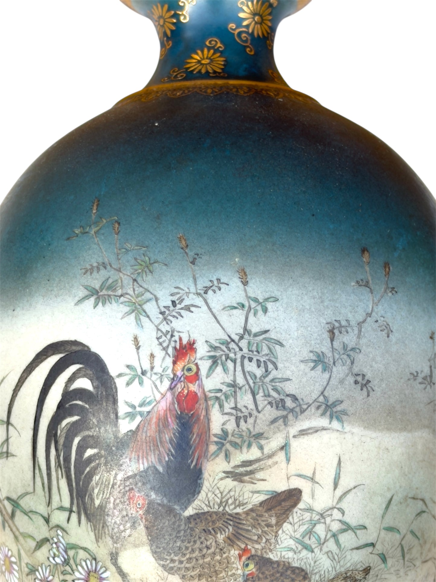 Fine Japanese Satsuma Vase with Roosters and Autumn Maple by Gyokusen, Meiji Period