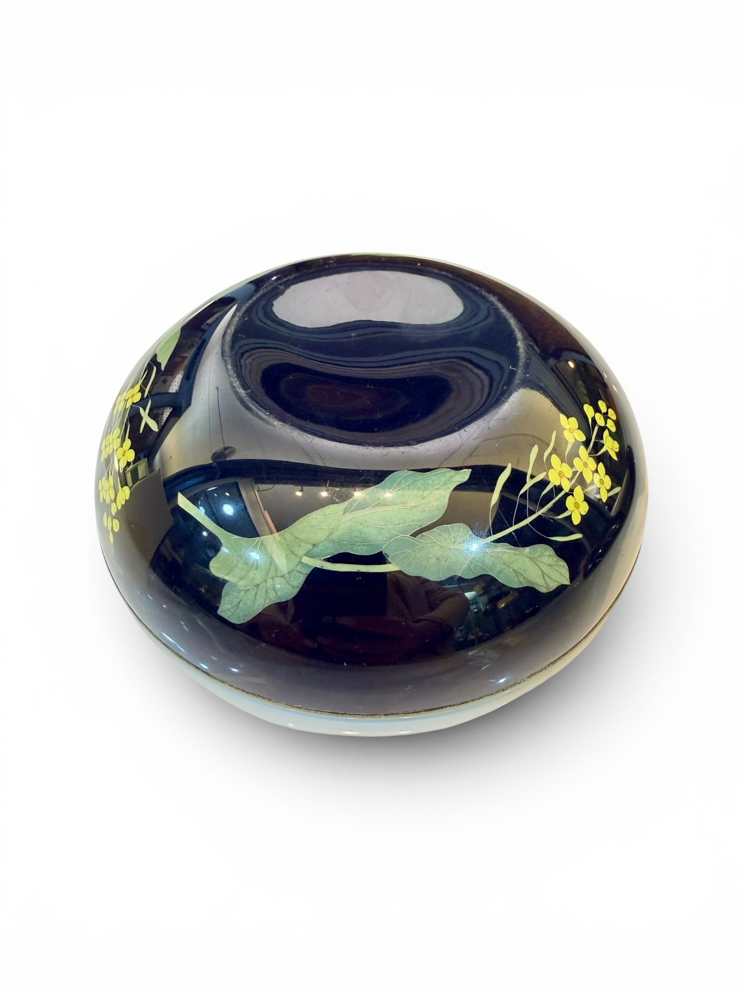 Fine Japanese Cloisonné Enamel Circular Box and Cover Decorated with Nanohana.Meiji Period