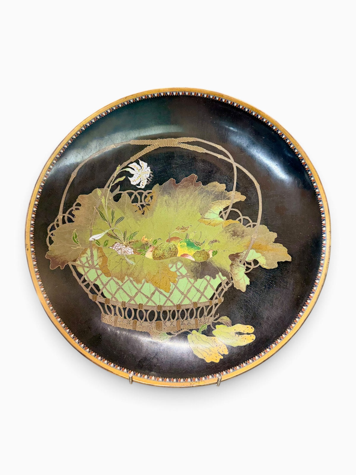 A FINE JAPANESE GOLD-WIRE CLOISONNÉ ENAMEL CHARGER WITH FRUIT, FLOWERS AND A MANTIS, MEIJI PERIOD