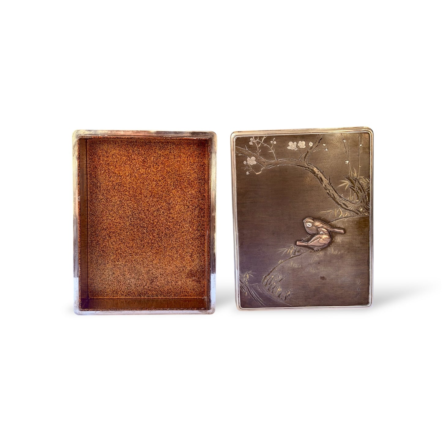 A Japanese Silver Box and Cover with Shibuichi and Shakudō Panel ,Signed Hirotoshi-Taishō Period