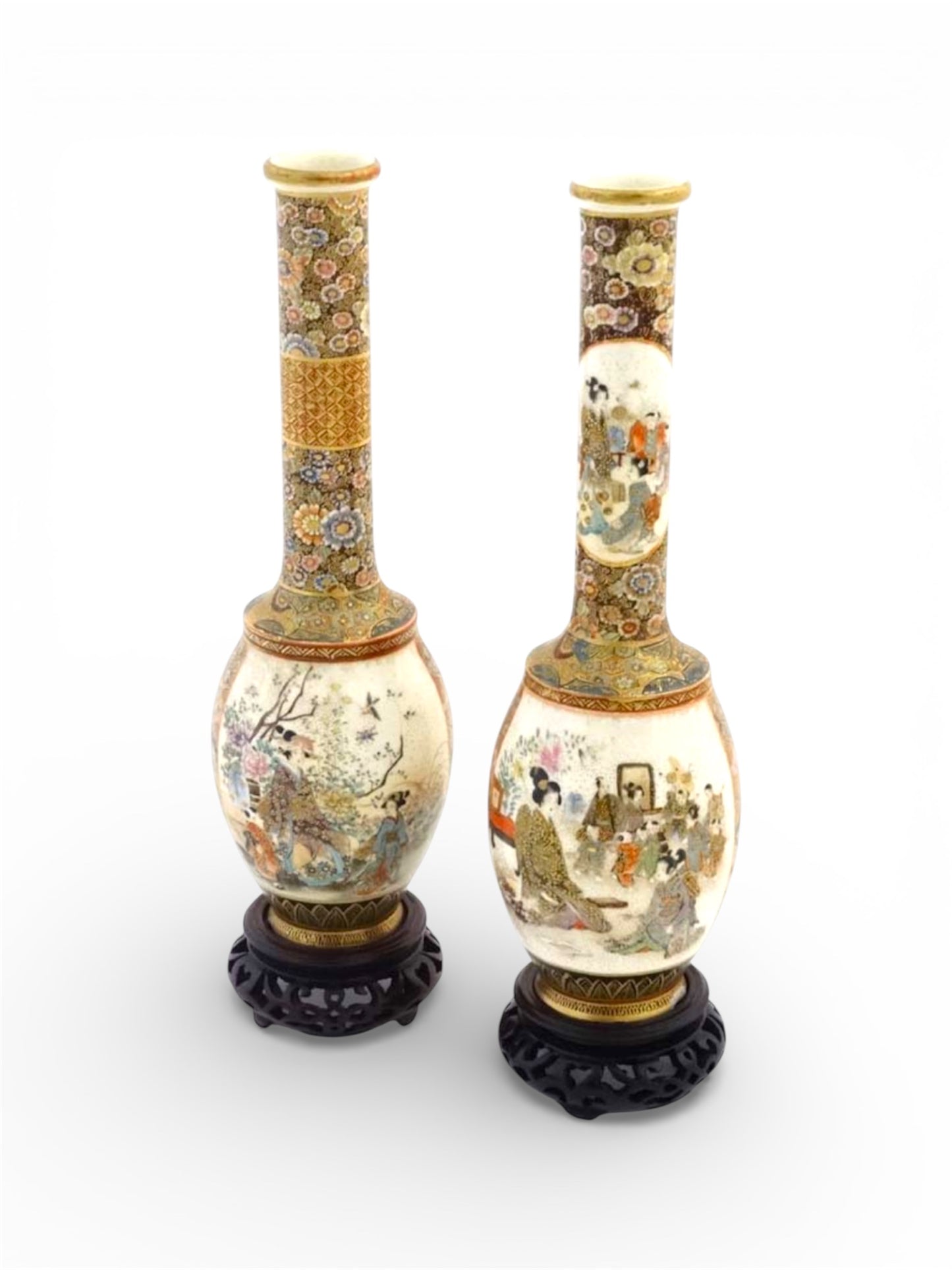 A Fine Pair of Japanese Satsuma Earthenware Vases by Chikusai, Meiji period