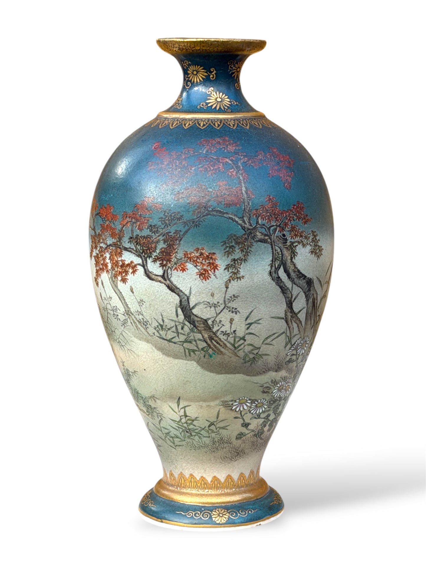 Fine Japanese Satsuma Vase with Roosters and Autumn Maple by Gyokusen, Meiji Period