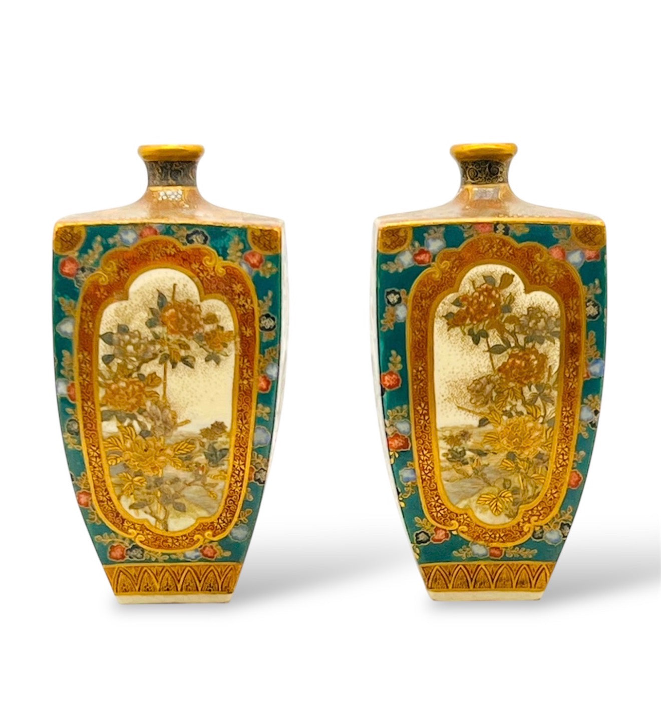 An Important Pair of Kyoto Satsuma Square-Section Vases by Ryōzan, Meiji Period