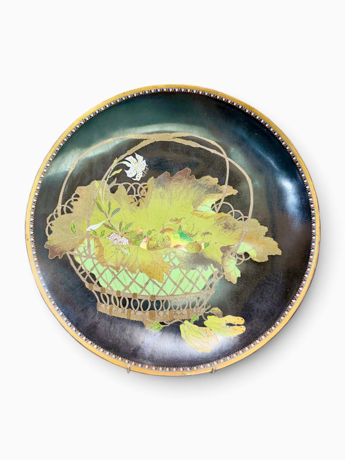 A FINE JAPANESE GOLD-WIRE CLOISONNÉ ENAMEL CHARGER WITH FRUIT, FLOWERS AND A MANTIS, MEIJI PERIOD