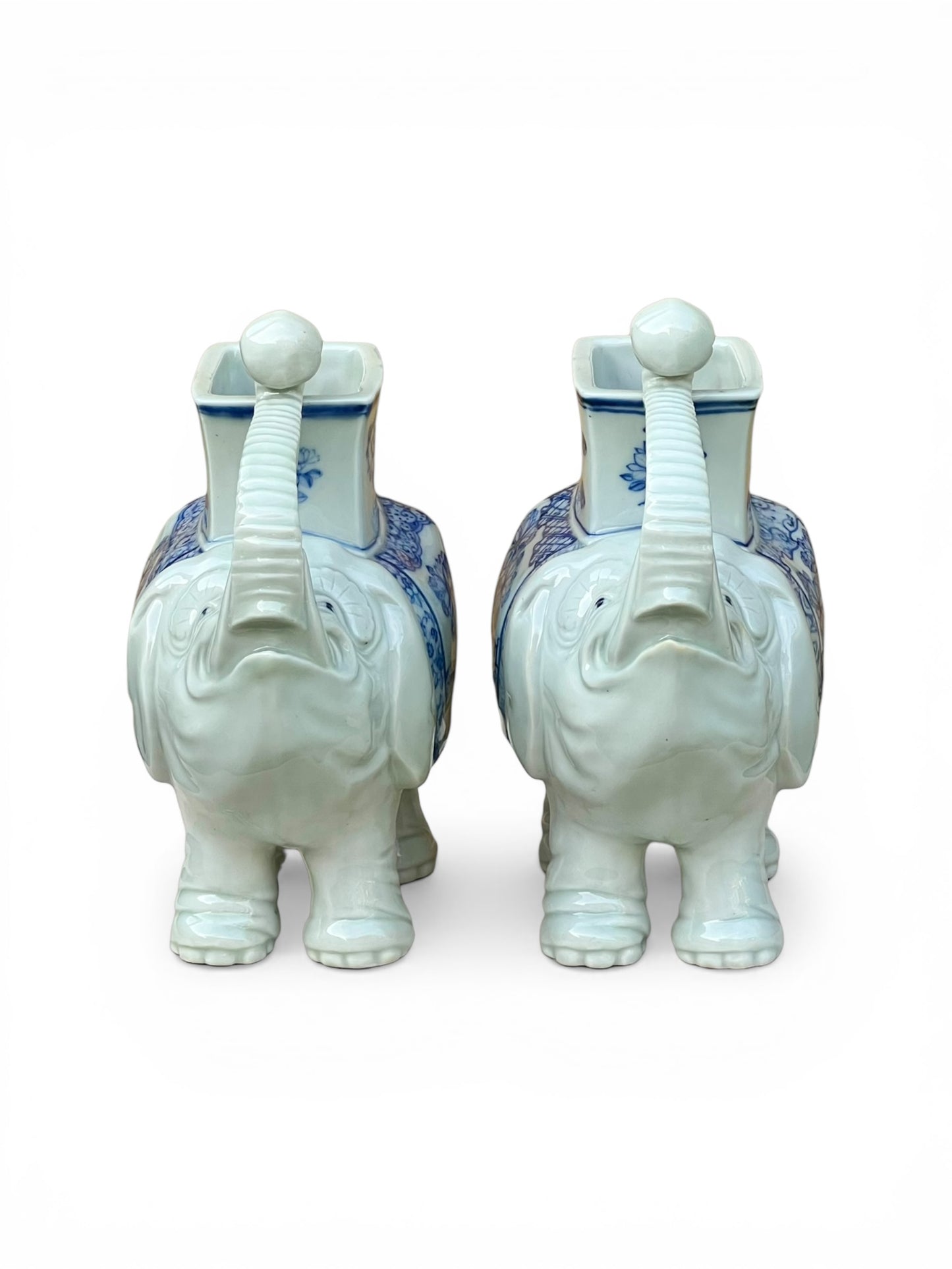 A Pair of Japanese Meiji Period Hirado Blue and White Porcelain Elephant Brush Pots / Vases