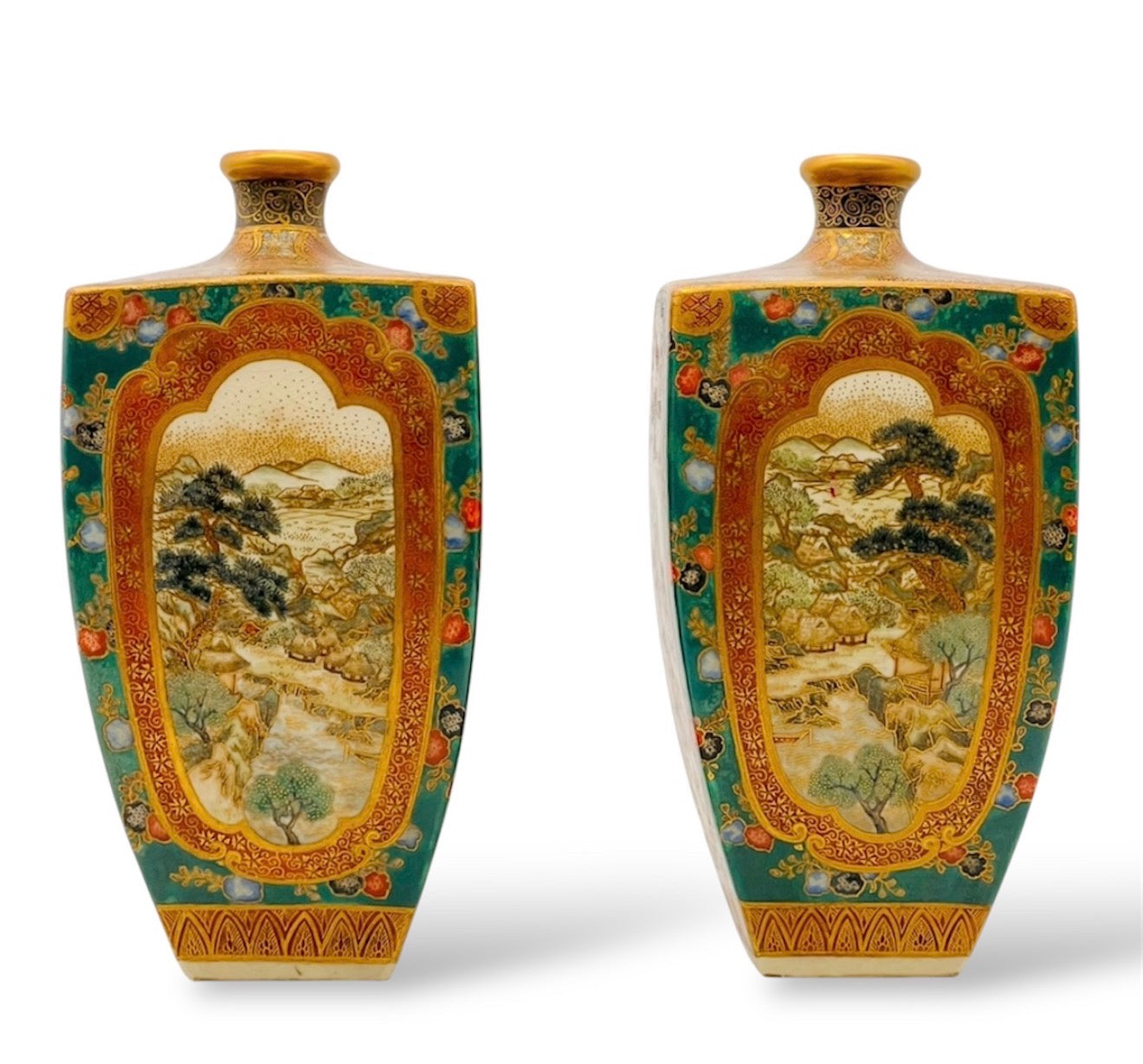 An Important Pair of Kyoto Satsuma Square-Section Vases by Ryōzan, Meiji Period