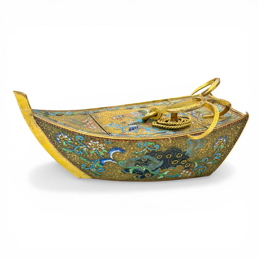 A Rare Japanese Openwork Cloisonné Enamel Koro in the Form of a Boat-Meiji Period (1868–1912)