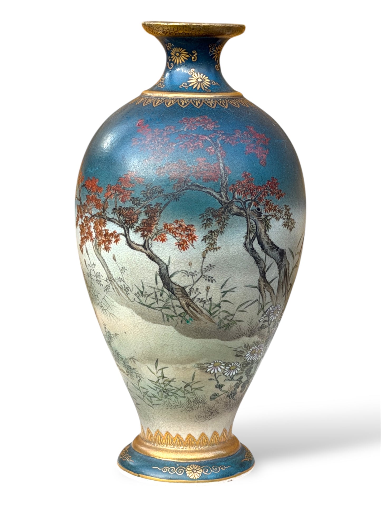 Fine Japanese Satsuma Vase with Roosters and Autumn Maple by Gyokusen, Meiji Period