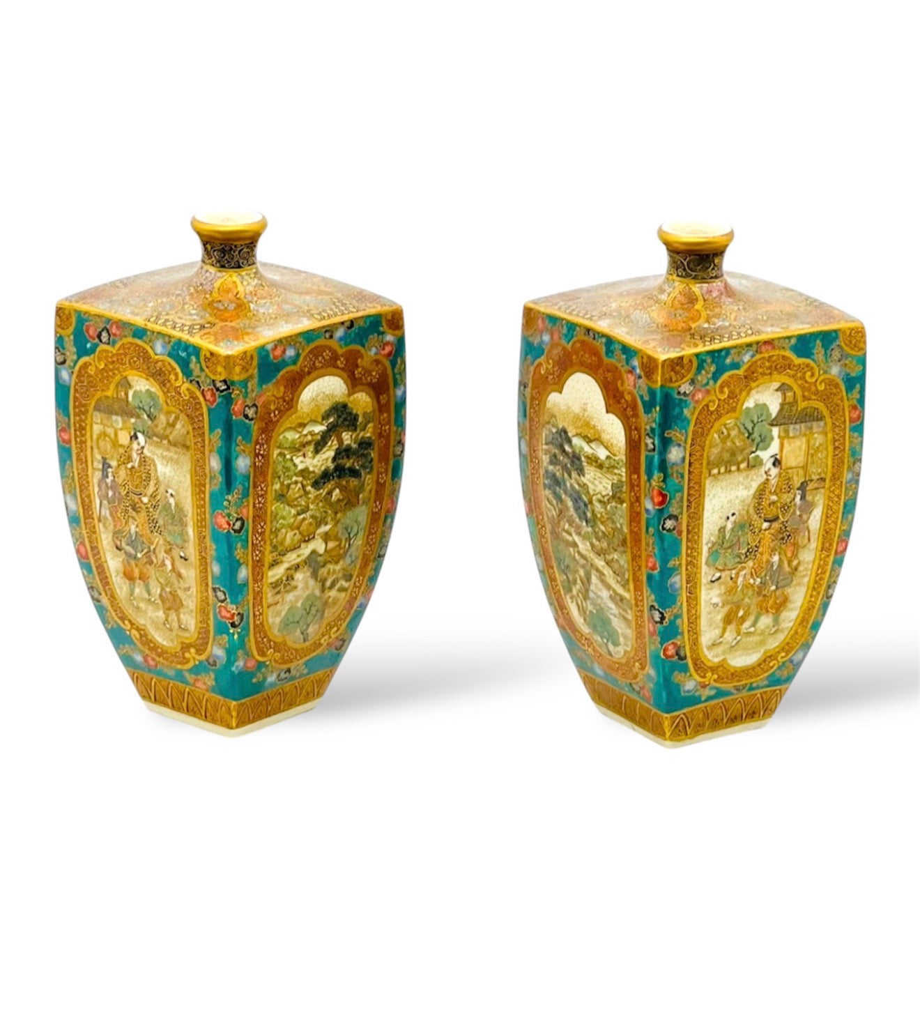 An Important Pair of Kyoto Satsuma Square-Section Vases by Ryōzan, Meiji Period