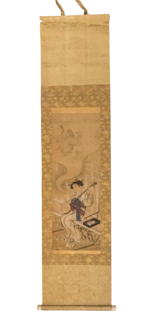 A Fine Japanese Hanging Scroll (Kakejiku), depicting a Bijin playing a Shamisen, signed and sealed