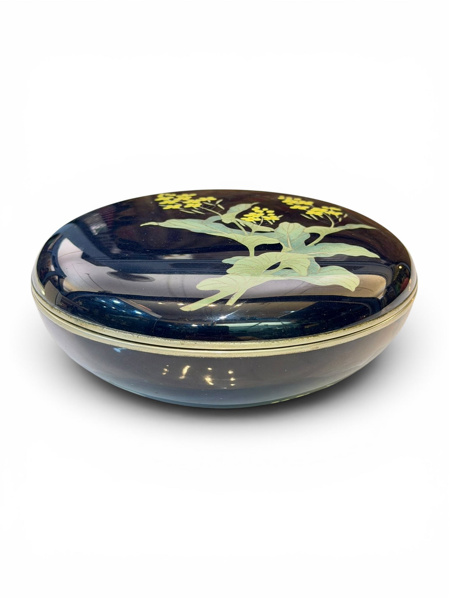 Fine Japanese Cloisonné Enamel Circular Box and Cover Decorated with Nanohana.Meiji Period