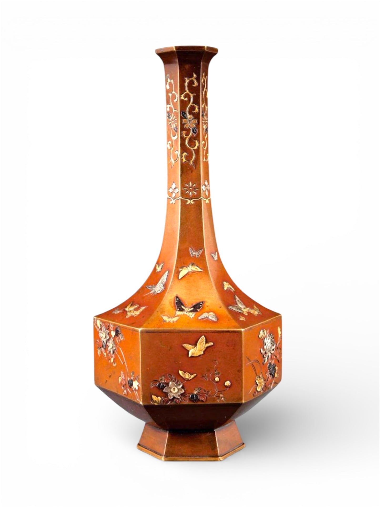 A JAPANESE BRONZE AND MIXED METAL BOTTLE VASE.Meiji period.