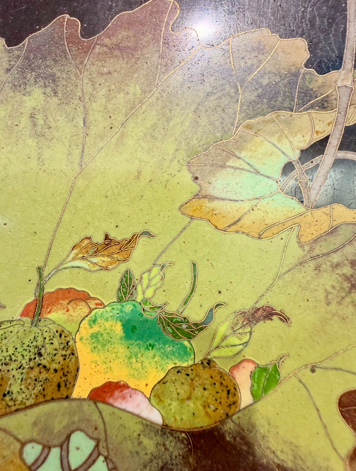 A FINE JAPANESE GOLD-WIRE CLOISONNÉ ENAMEL CHARGER WITH FRUIT, FLOWERS AND A MANTIS, MEIJI PERIOD