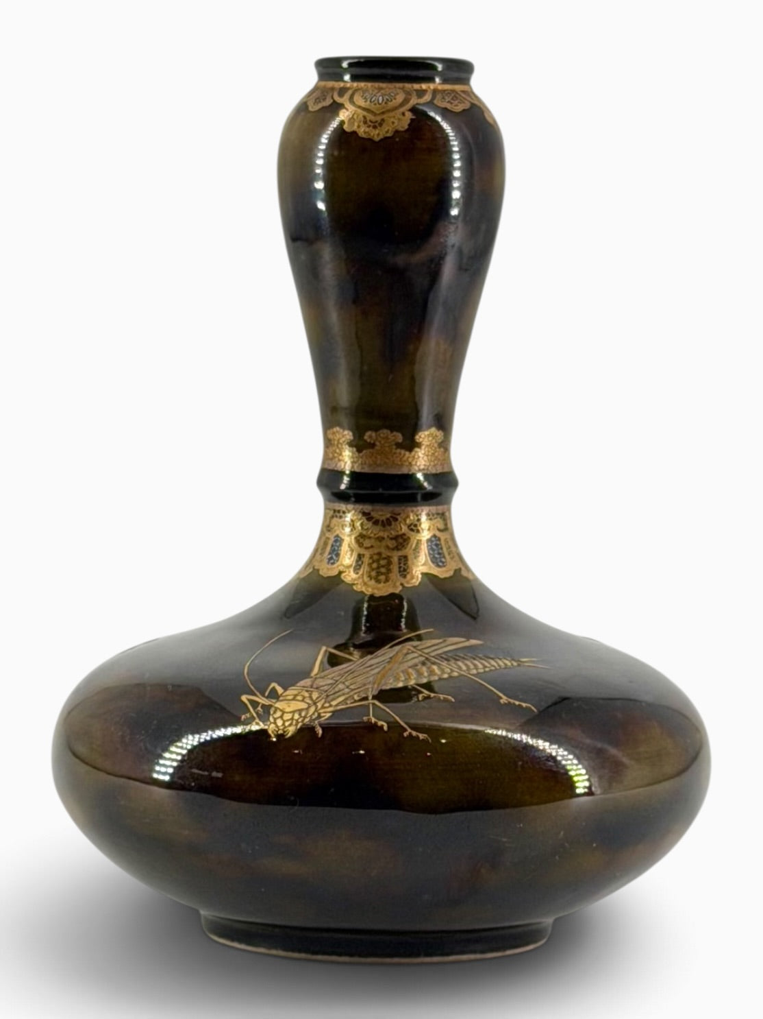 An Exceptional Kinkozan Satsuma Double-Gourd Vase with Insects on a Tortoiseshell Ground.Meiji Era