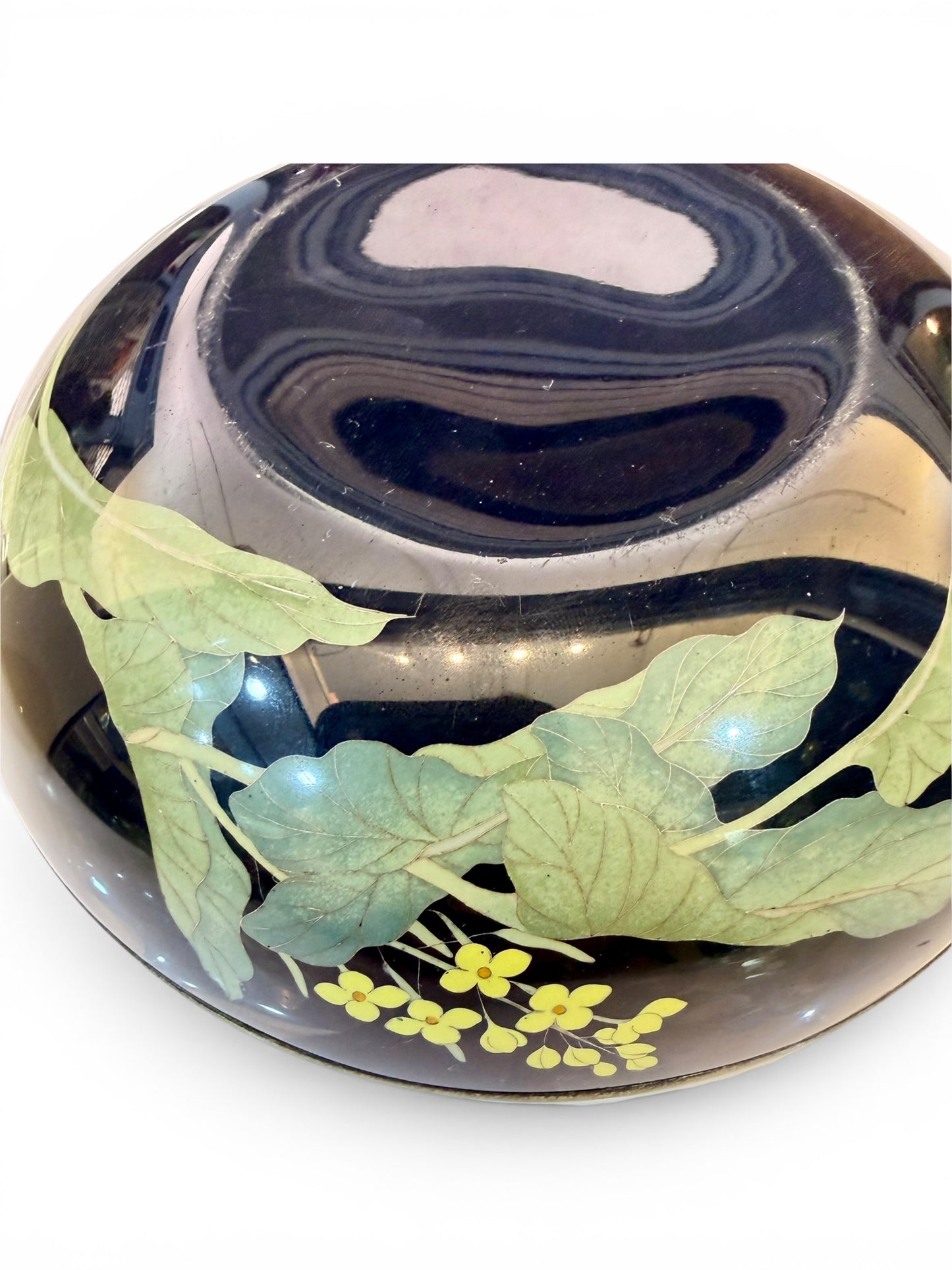 Fine Japanese Cloisonné Enamel Circular Box and Cover Decorated with Nanohana.Meiji Period