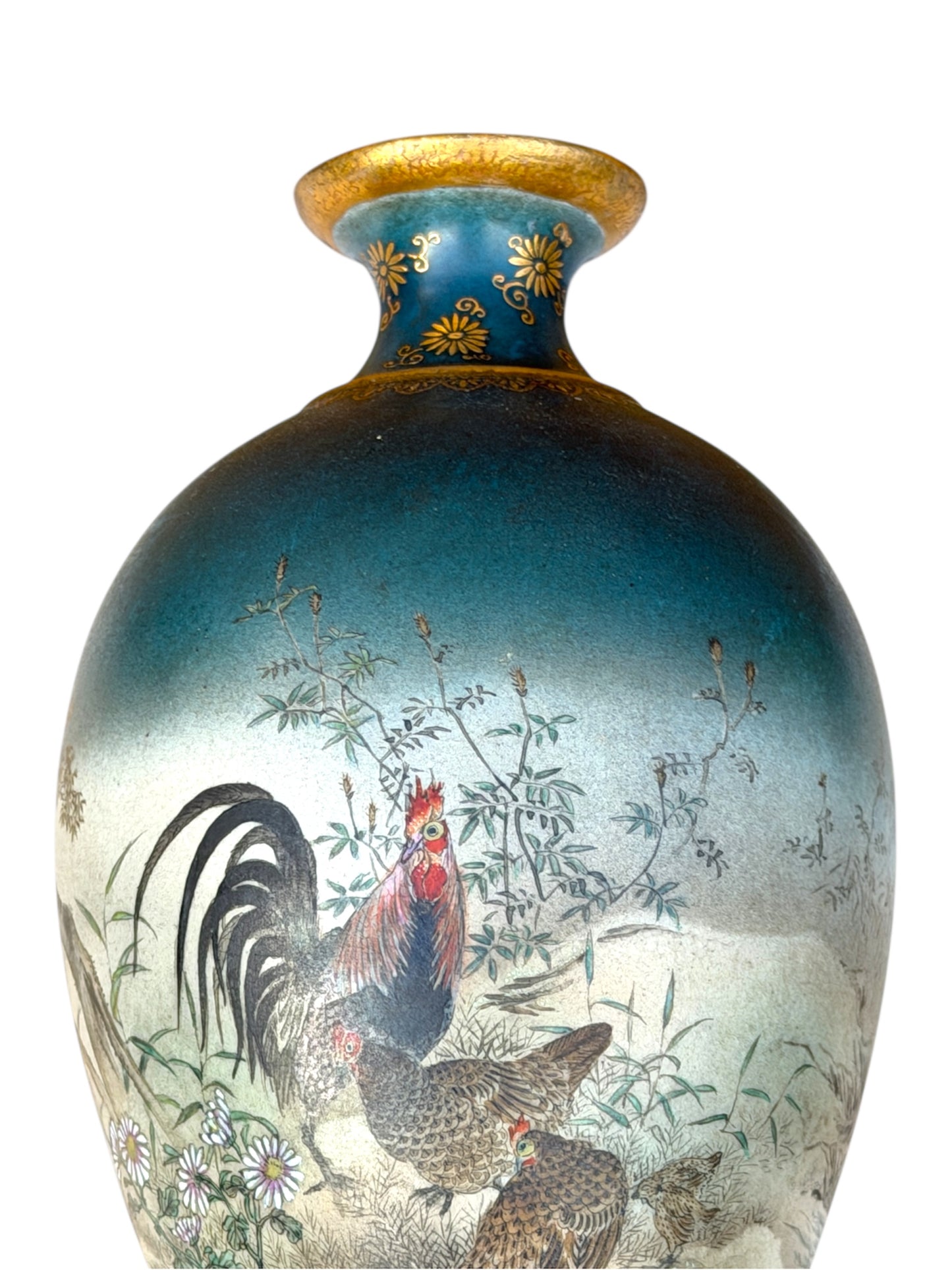 Fine Japanese Satsuma Vase with Roosters and Autumn Maple by Gyokusen, Meiji Period