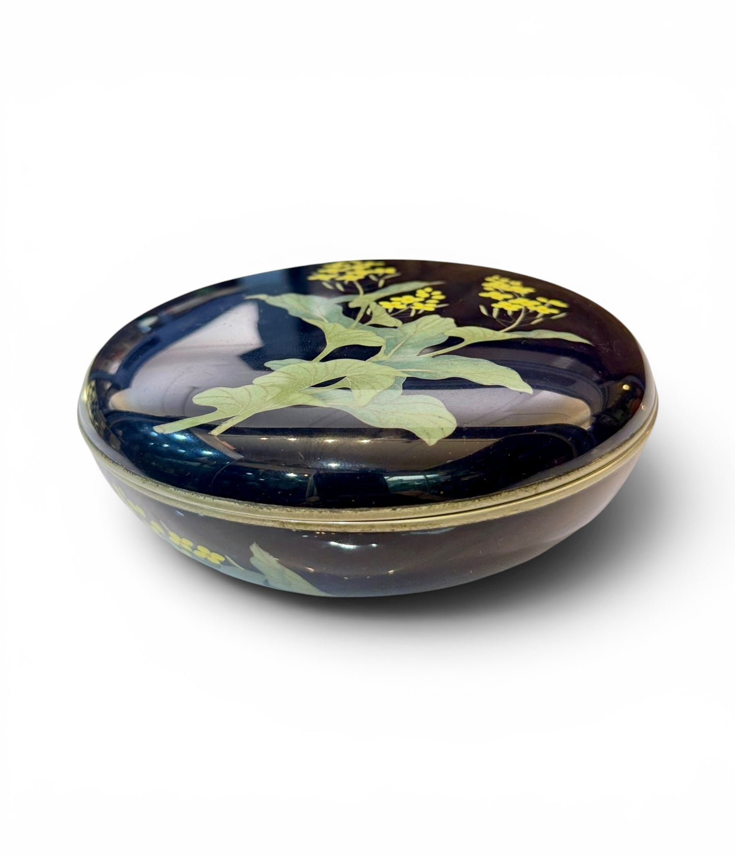 Fine Japanese Cloisonné Enamel Circular Box and Cover Decorated with Nanohana.Meiji Period