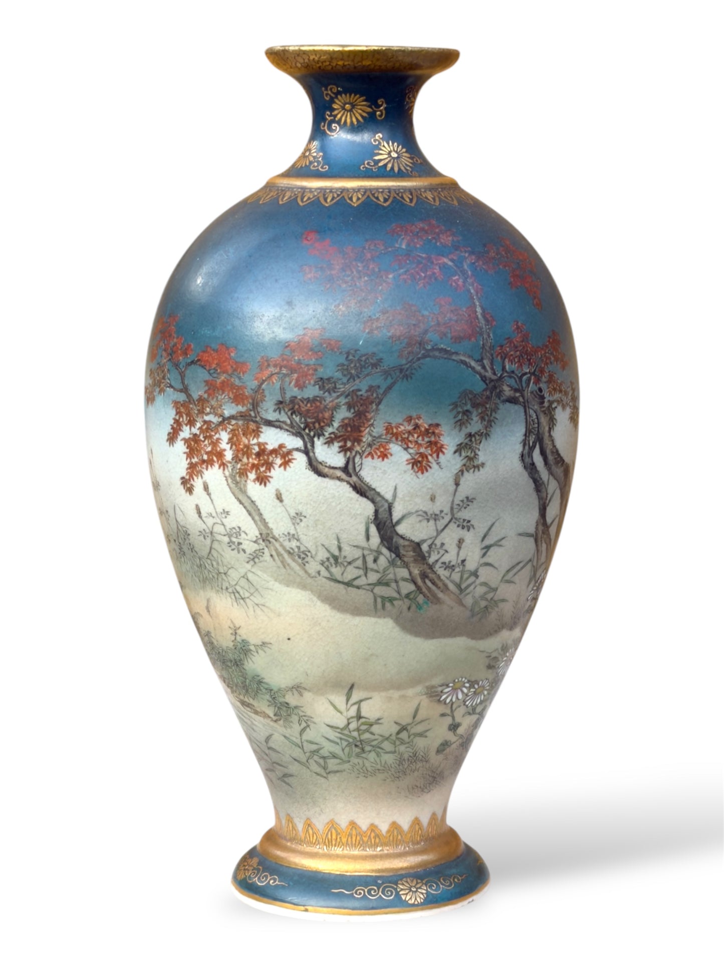 Fine Japanese Satsuma Vase with Roosters and Autumn Maple by Gyokusen, Meiji Period